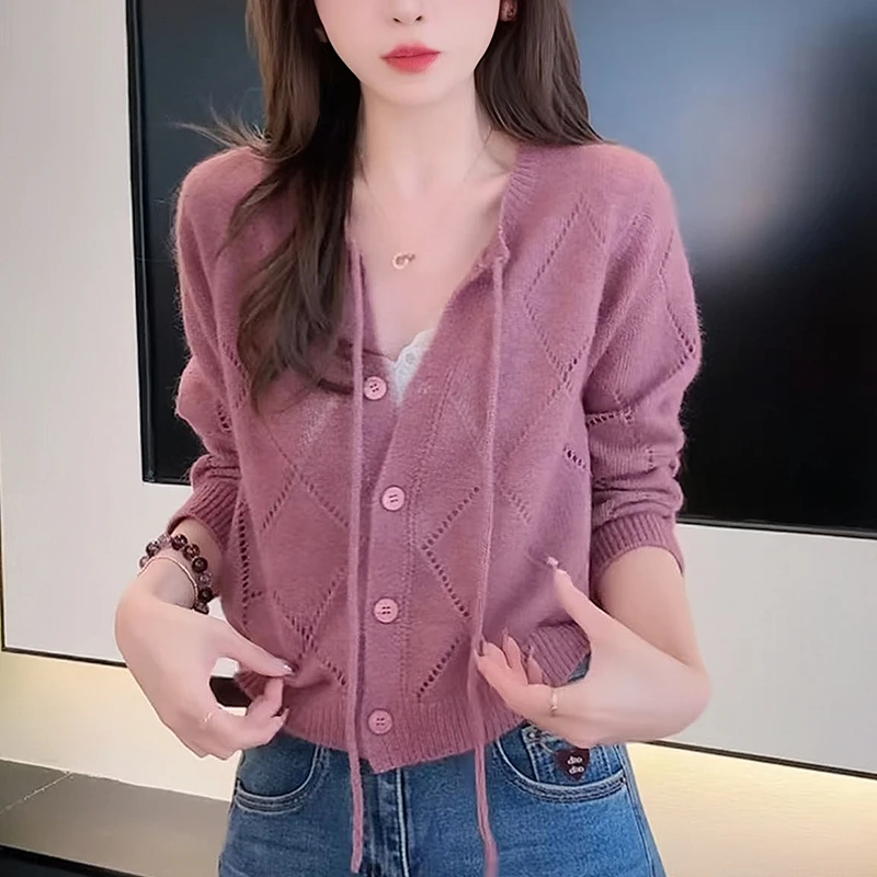 秋冬女粉色毛衣外套慵懒风软糯镂空针织开衫休闲显瘦洋气减龄上衣