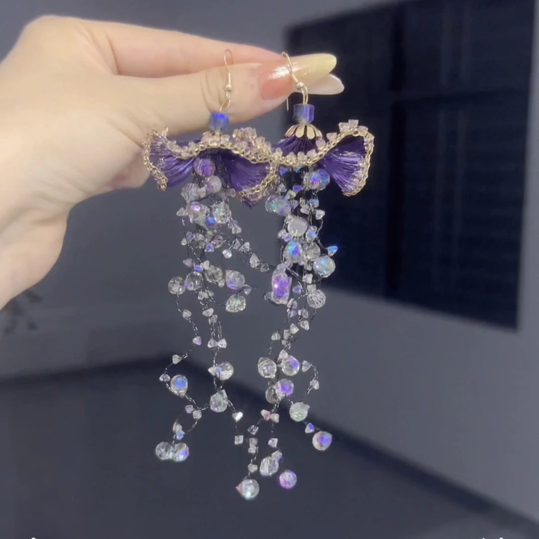 非金属仿水晶耳饰 西子千金紫芙蓉系列钩针流苏耳环小众设计耳钩