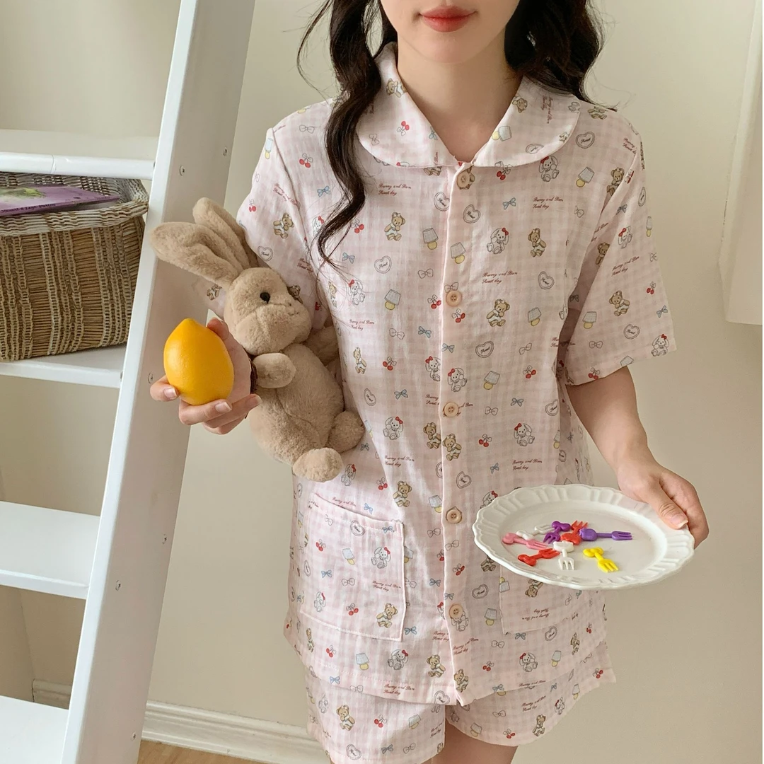 娃娃领短袖短裤2025春夏纯棉双层纱睡衣居家服女舒适