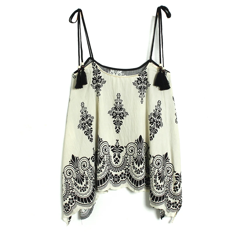 【柒柒】波西米亚度假风图腾印花吊带 前后两穿绑带宽松背心9930