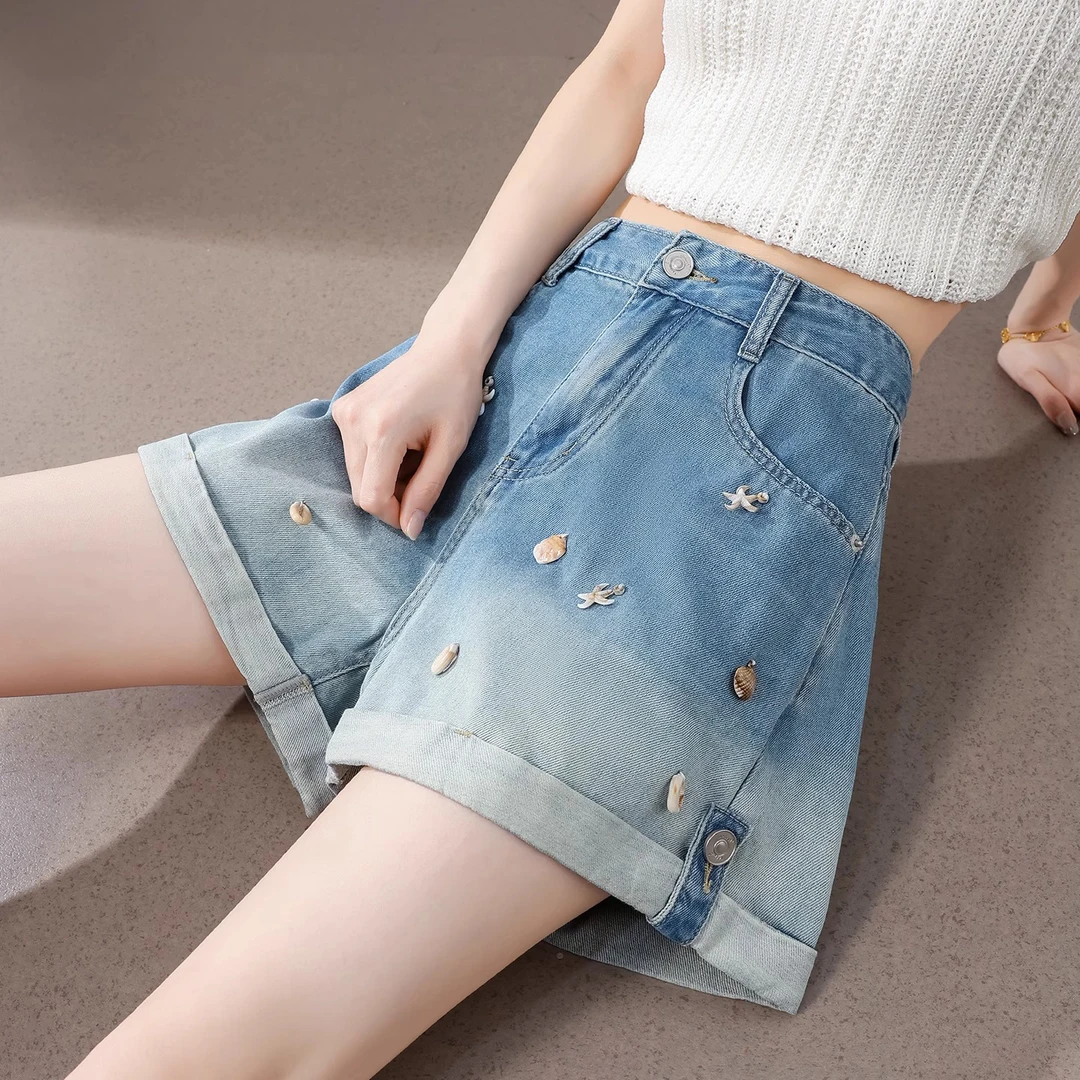 渐变蓝贝壳牛仔短裤女夏季薄款高腰显瘦小个子卷边a字阔腿热裤子