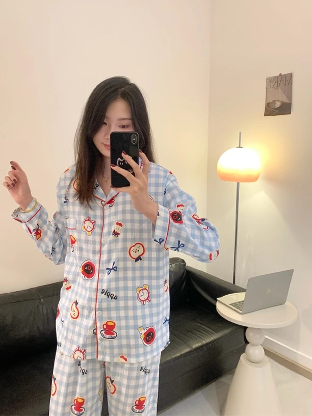 【pingu】秋季新款经典格子可爱卡通苹果睡衣女舒适休闲长袖家居服