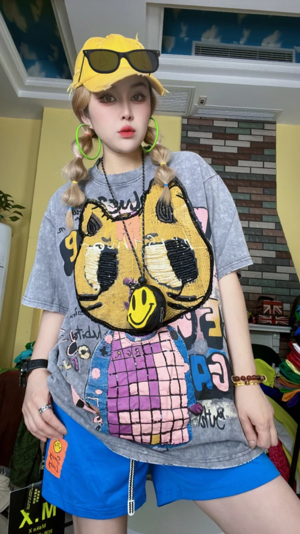 夏季韩版亮片小猫潮牌全棉短袖T恤7922