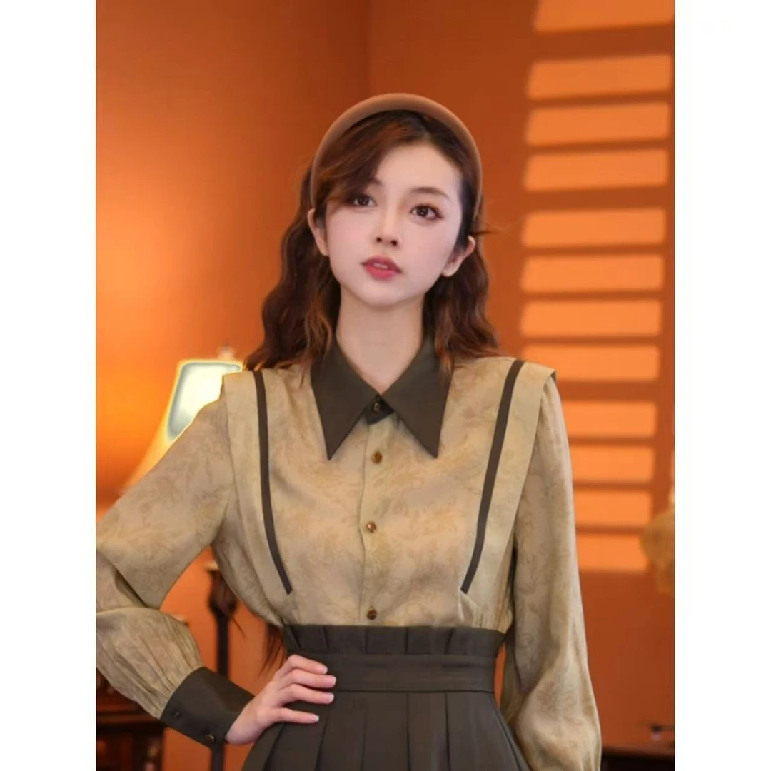 乐乐【青山绿水】港味复古时尚气质设计感长袖上衣02886