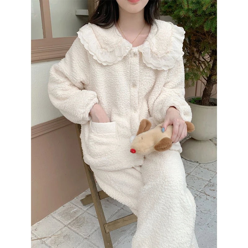 韩国睡衣冬季新品加厚双面泡泡绒花边睡衣女保暖家居服 S25252