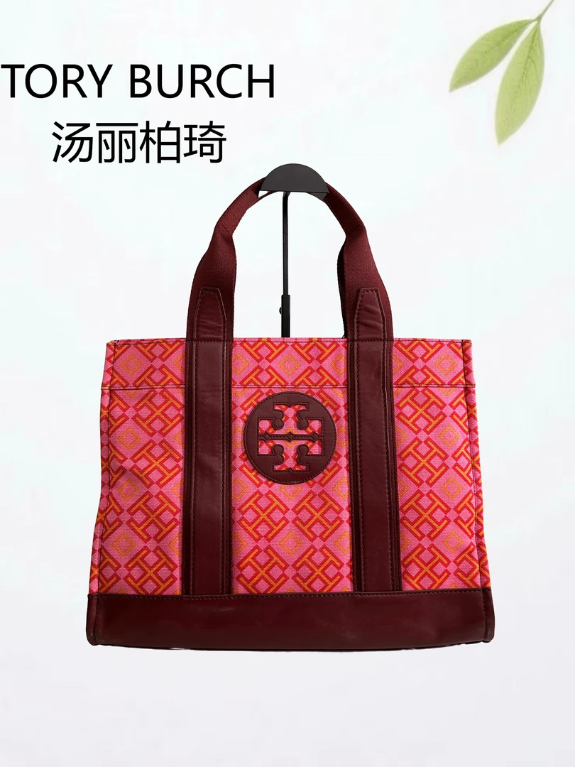 99新 TORY BURCH/汤丽柏琦 红色拼棕帆布单肩包G25803698底40X32