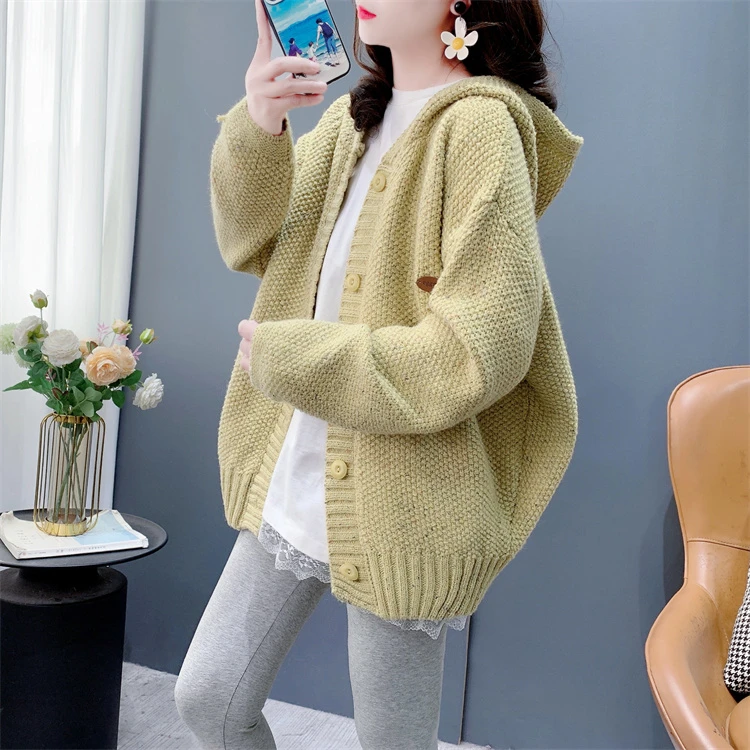 学院风纯色软糯连帽毛衣开衫女秋冬2024新款宽松百搭针织外套上衣