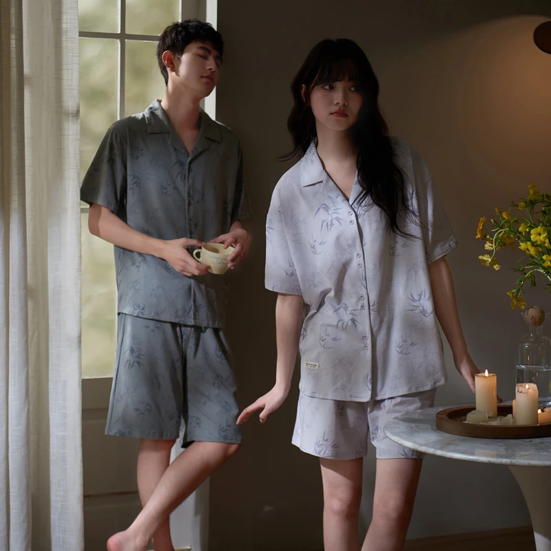 思莉太太【清冷雾色】情侣睡衣纯棉夏季女款国风印花男士新中式套装