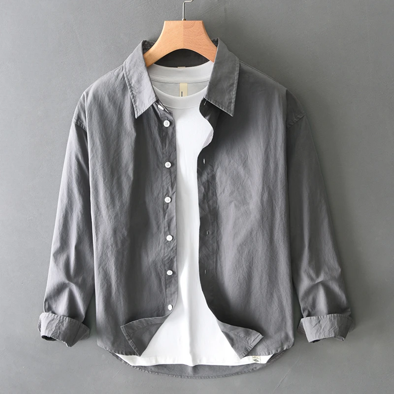 常规单排扣纯棉男士长袖衬衫纯色休闲衬衣简约日系衬衣上衣男装
