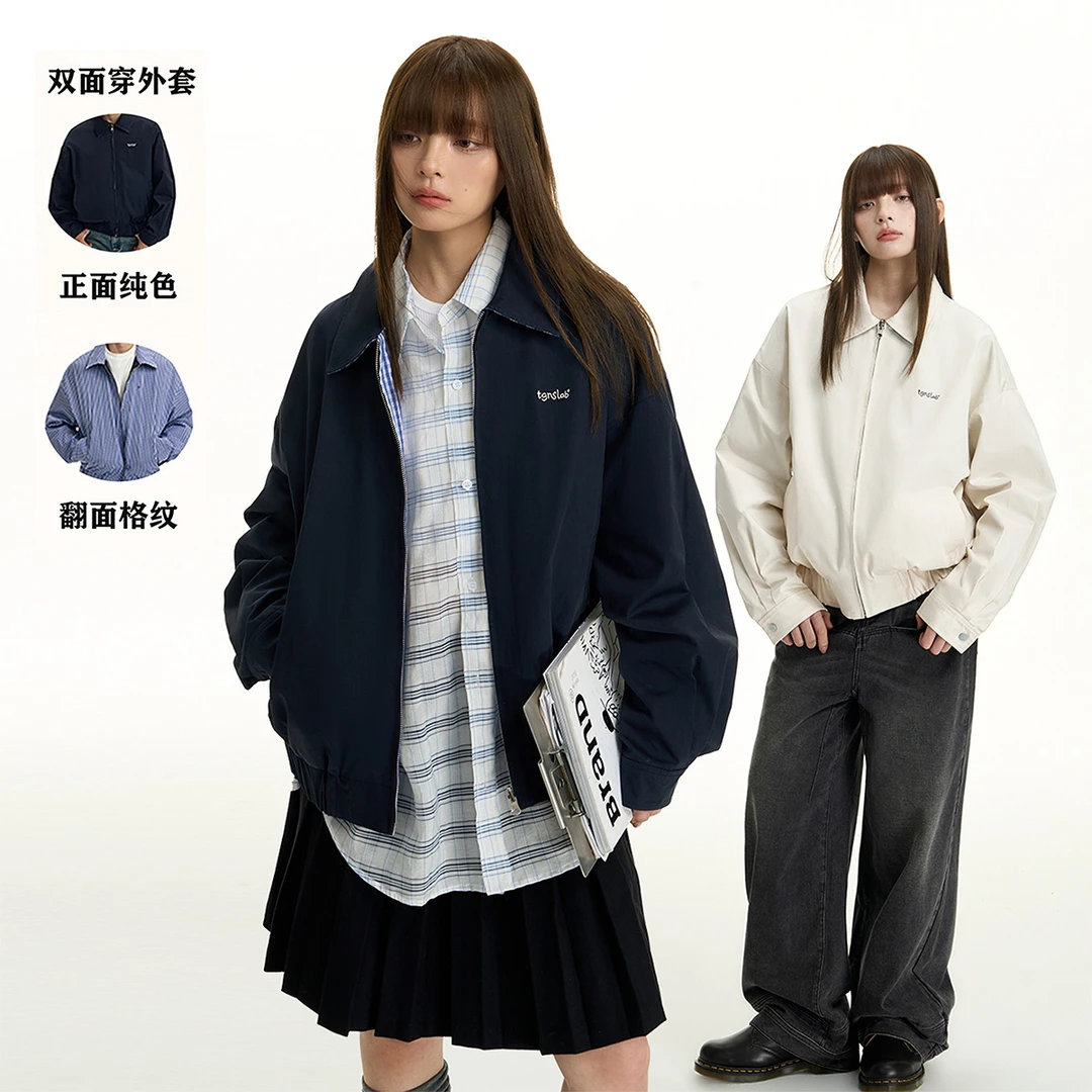 【双面穿】TGNS格纹翻领工装夹克男秋季藏青色上衣女格子宽松外套女