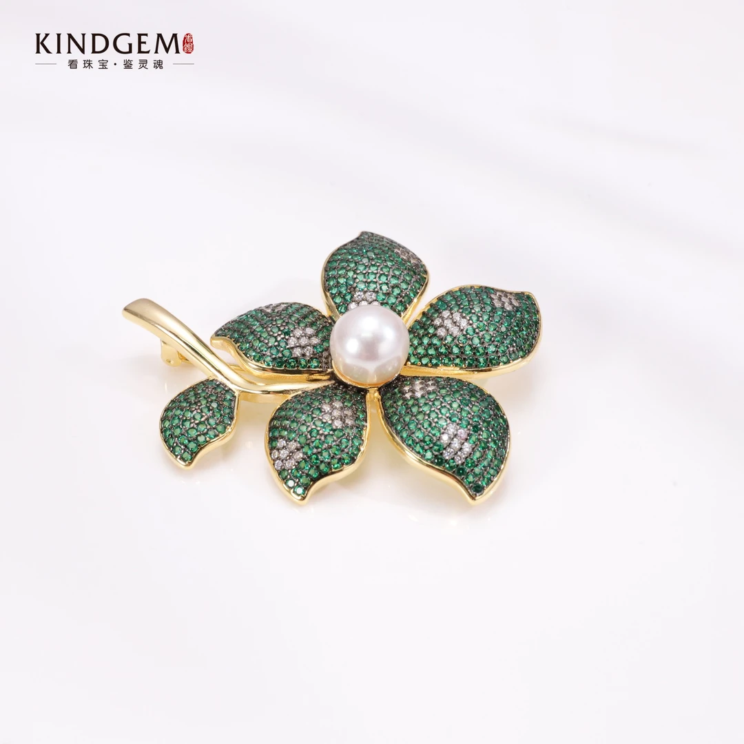 925银仿珍珠胸针 【Lisa Nik】美·绿色花朵镶嵌胸针 AM66XMRS-21241