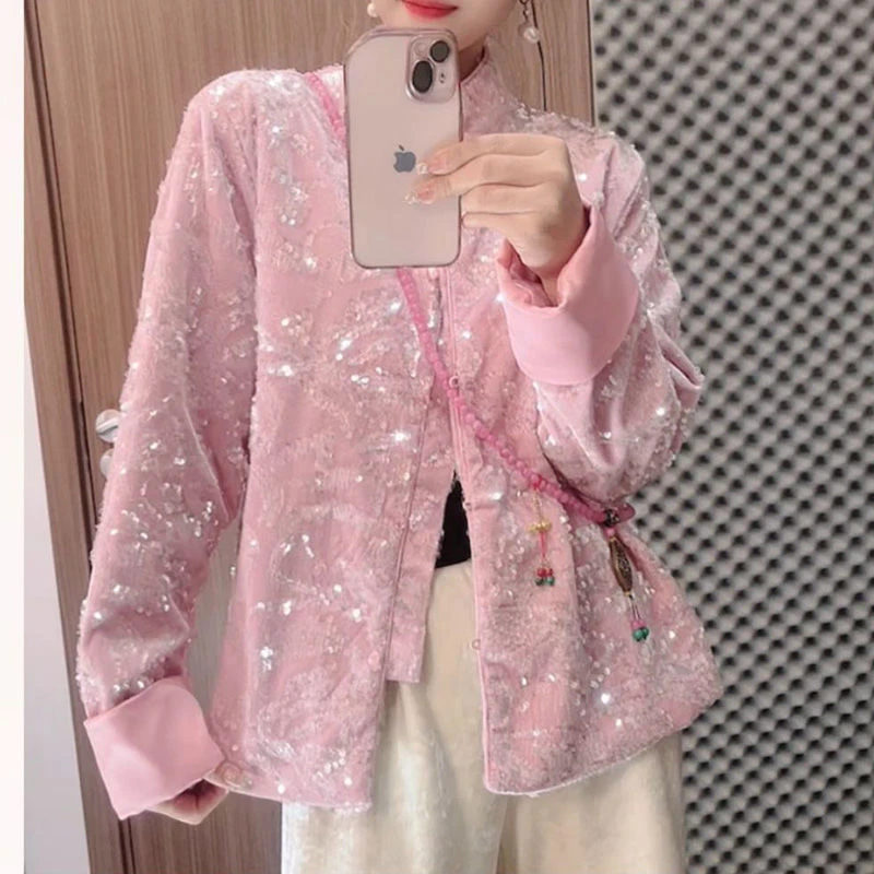 春秋款网红爆款高级感时尚独特新中式国风宽松显瘦粉色亮片外套女