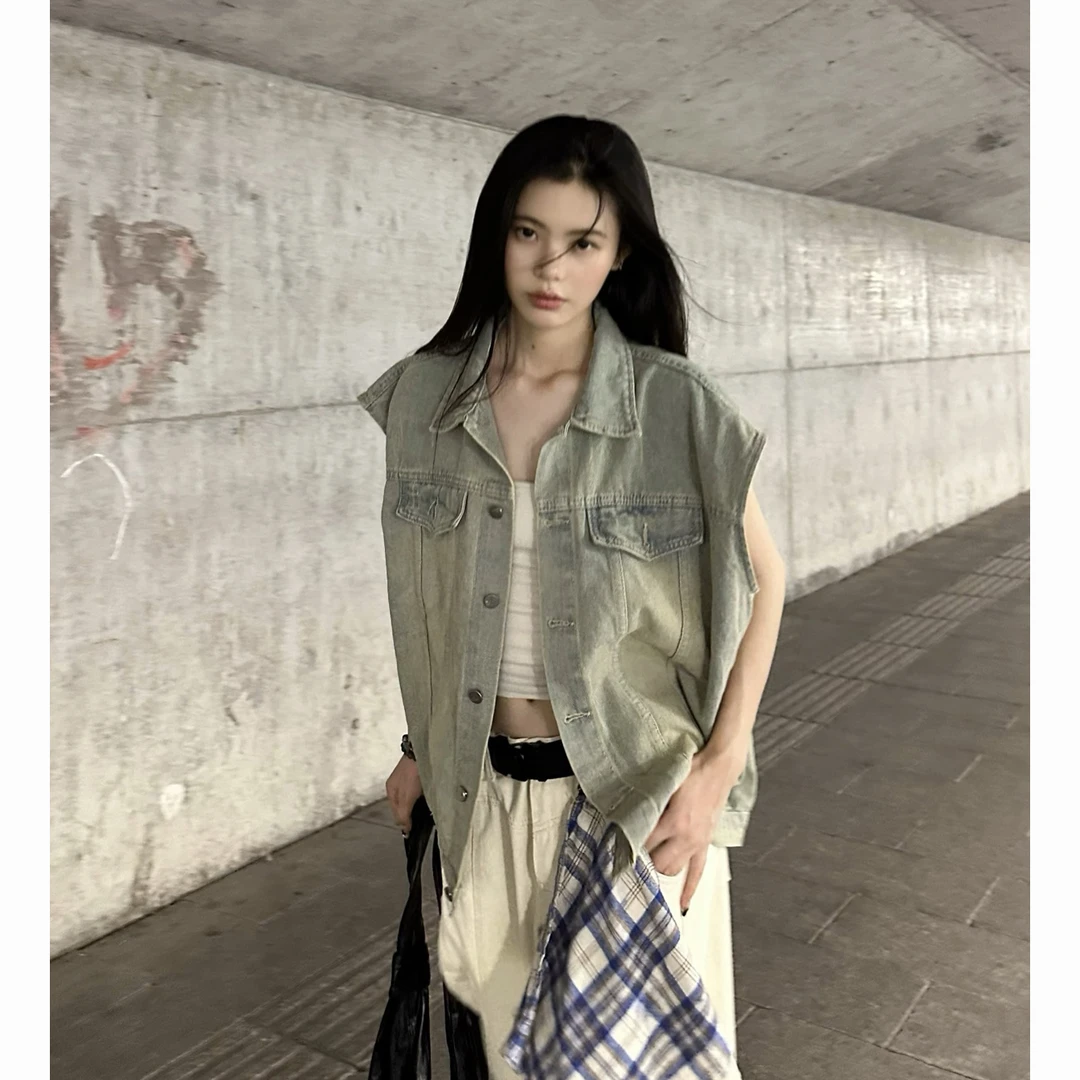 美式复古水洗牛仔马甲夏季新款男女街头宽松无袖外套破洞短裤套装