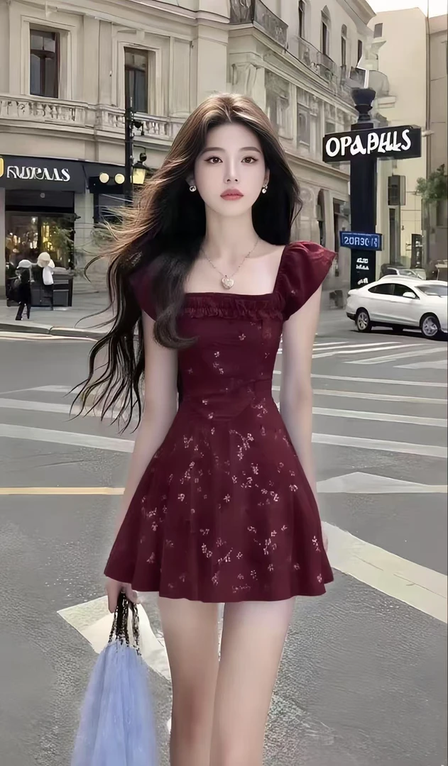 酒红色性感辣妹碎花裙小众设计感新款短款连衣裙气质甜美清新显瘦