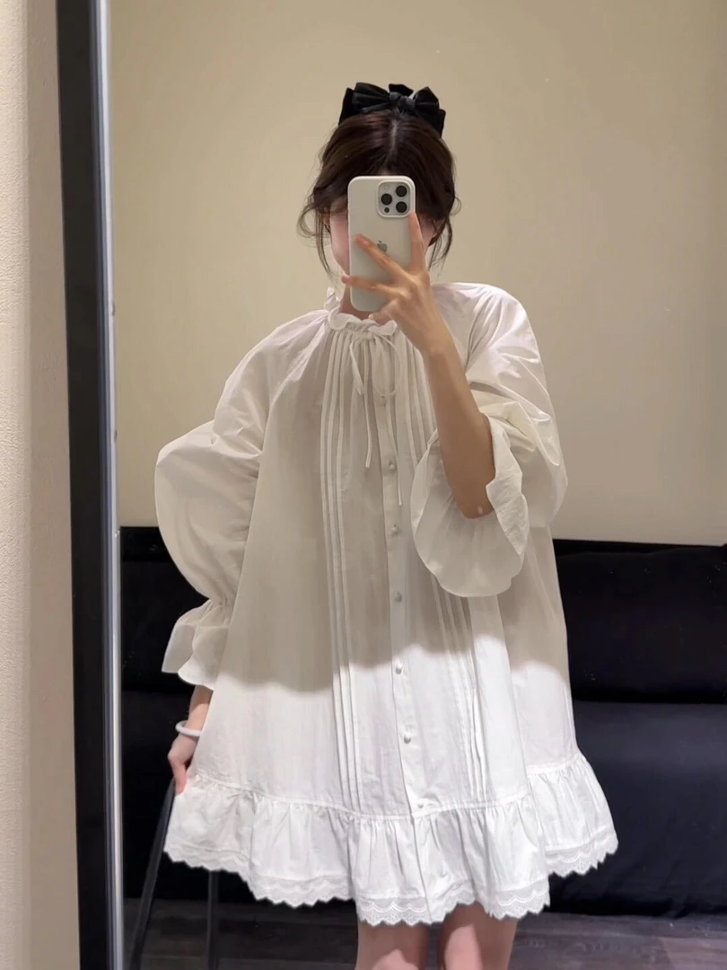 大方得体绝美法式小香风宽松白色蕾丝花边领长袖衬衫连衣裙女秋季