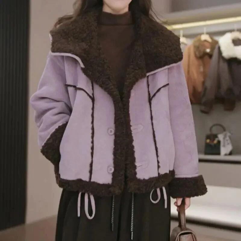 【双面双穿】法式设计感大翻领羊羔毛外套女冬加厚短外套