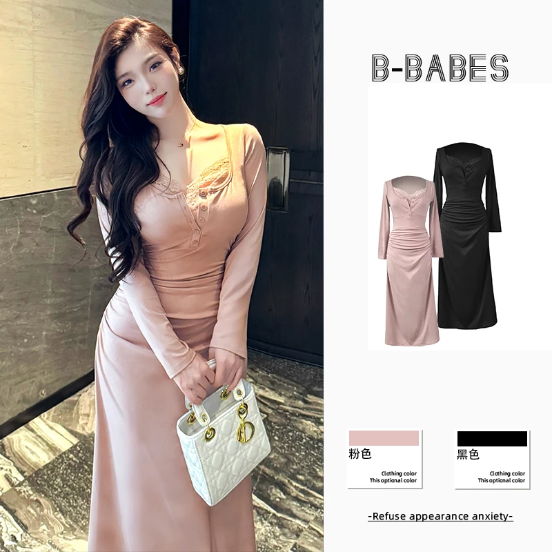 B-babes【初秋花瓣】假两件长袖绑带连衣裙秋季显瘦设计收腰包臀裙