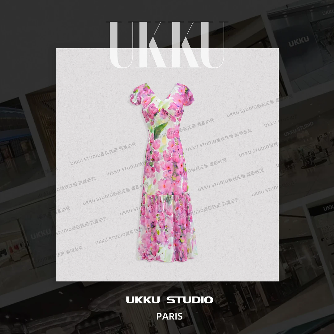 秀秀【UKKU STUDIO】【花海】设计师气质性感法式碎花连衣裙914436