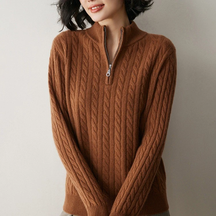 山羊绒衫女秋季新款高领半拉炼加厚覆古麻花针织毛衣打底衫