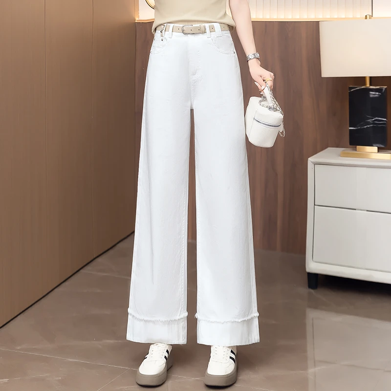 正品阔腿牛仔裤女2025夏季时尚新款高腰宽松小个子九分毛边直筒裤