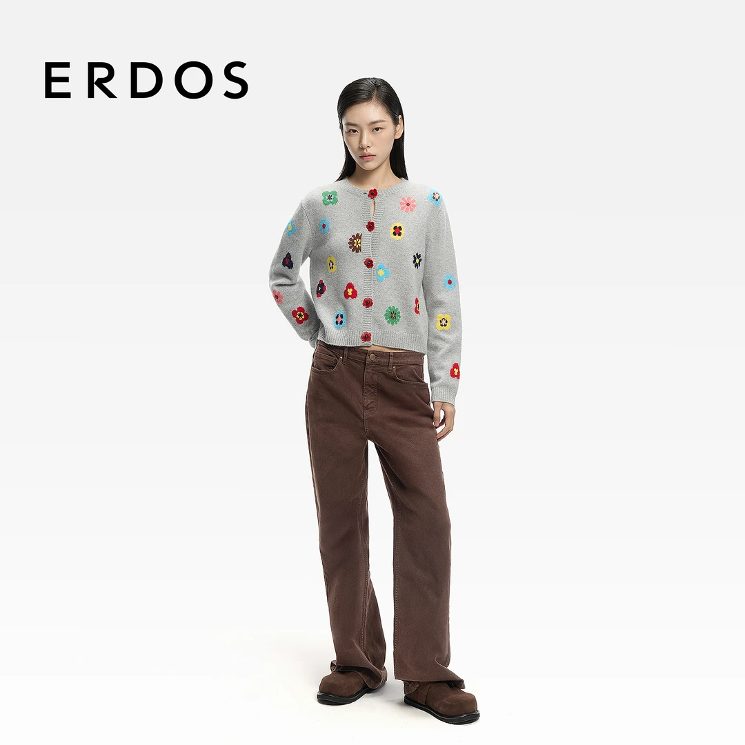 ERDOS 水洗弹力牛仔裤子2026年早春新品女美拉德棕直筒裤恋恋花屋