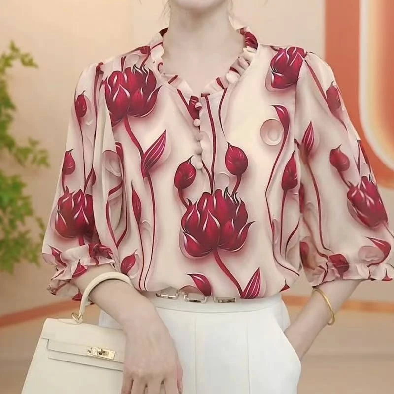 减龄洋气衬衫女春夏季气质宽松立领时尚印花冰丝七分袖防晒衫上衣
