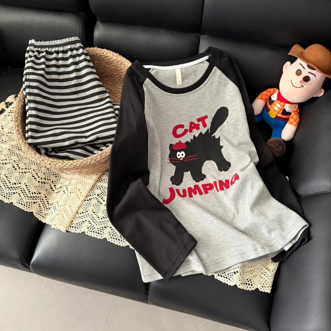 长袖睡衣女春秋季双面纯棉大码可外穿条纹黑猫冬天保暖套装家居服