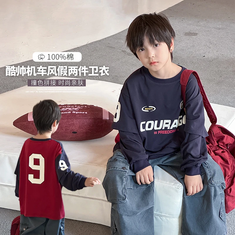 棉小班童装儿童机车风撞色假两件上衣中大童字母宽松卫衣WQ5012