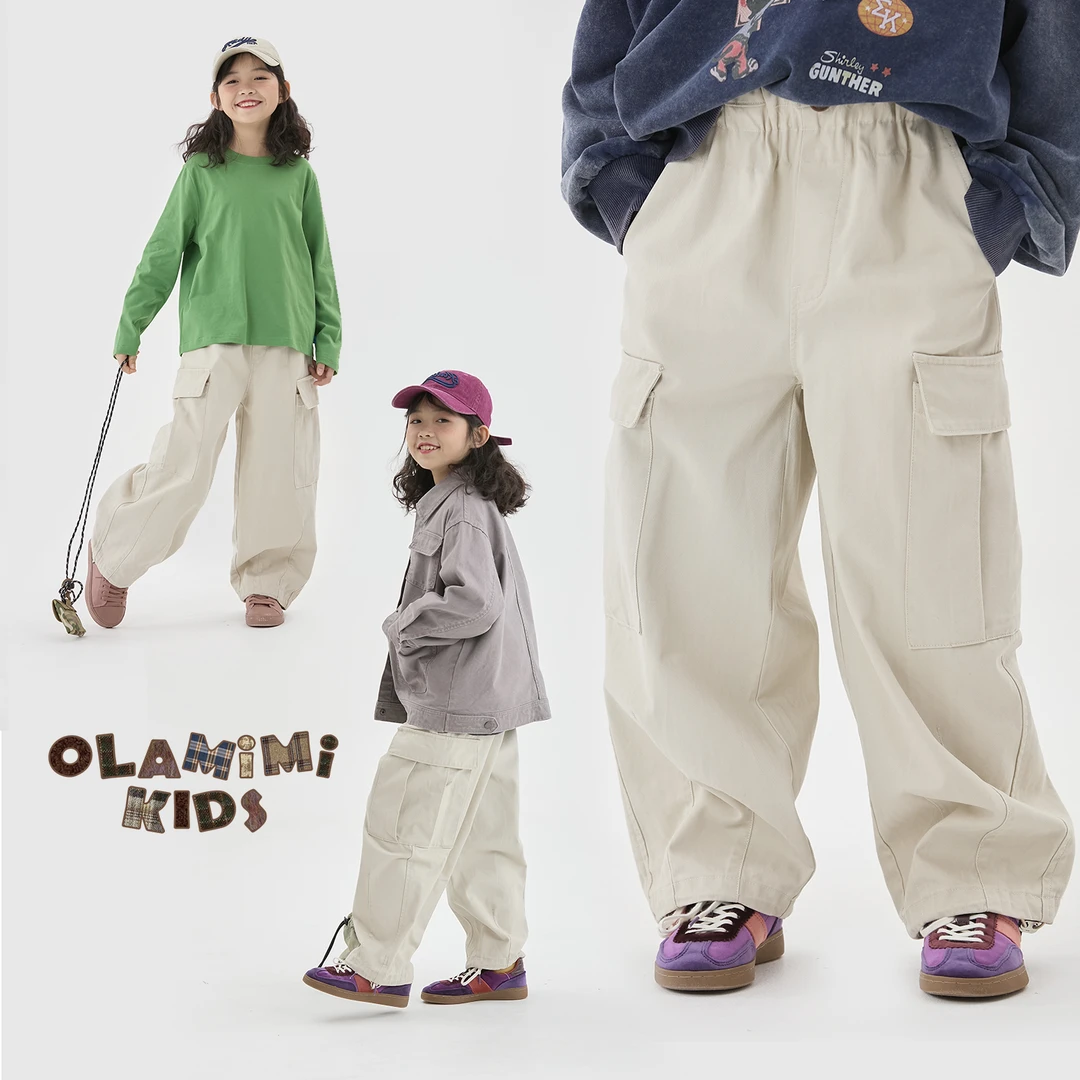 OLAMIMI定制2025春 亲子中性简约抽绳工装大口袋宽松百搭休闲裤