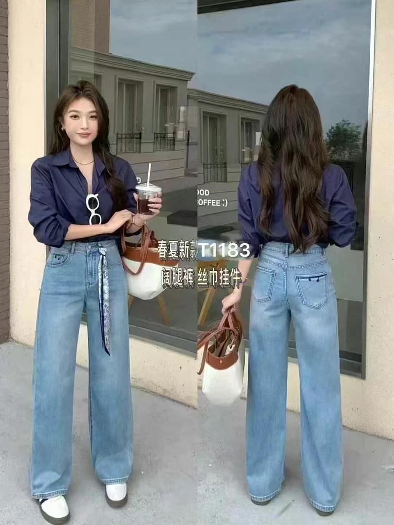 【罗罗严选】1183丝巾挂件牛仔阔腿裤