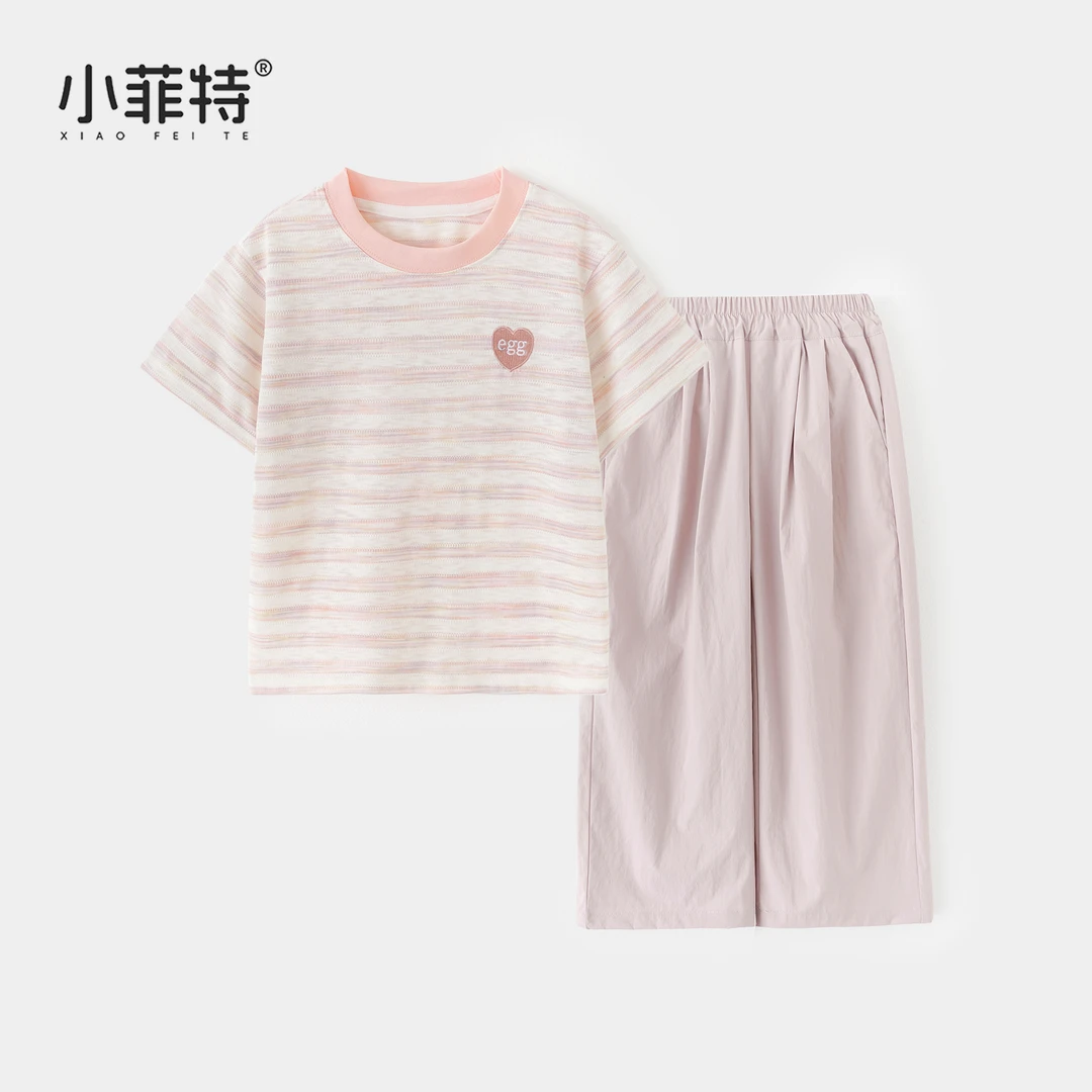 小菲特夏季新款女童休闲套装中大童条纹短袖t恤两件套HNTX51663