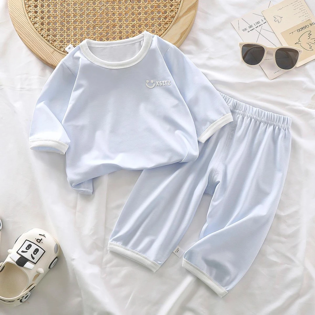 儿童薄款睡衣女童宝宝七分家居服套装婴幼儿男童夏季空调服冰丝裤