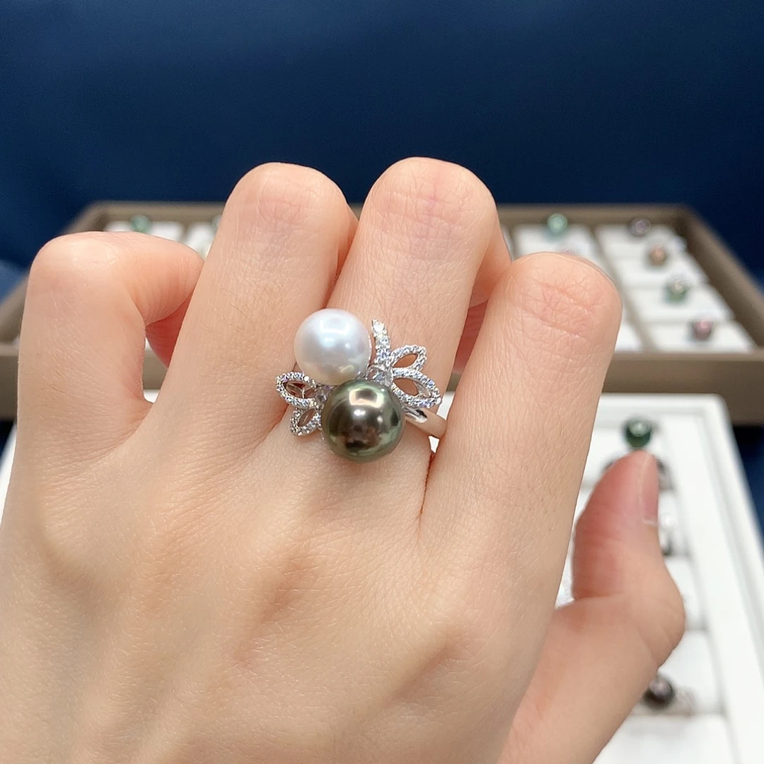 银S925镶嵌戒圈海水珍珠大溪地澳白双珠戒指