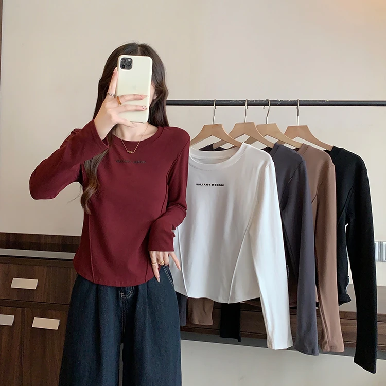 2025春季新款大码女印花字母加厚保暖打底长袖T恤33277