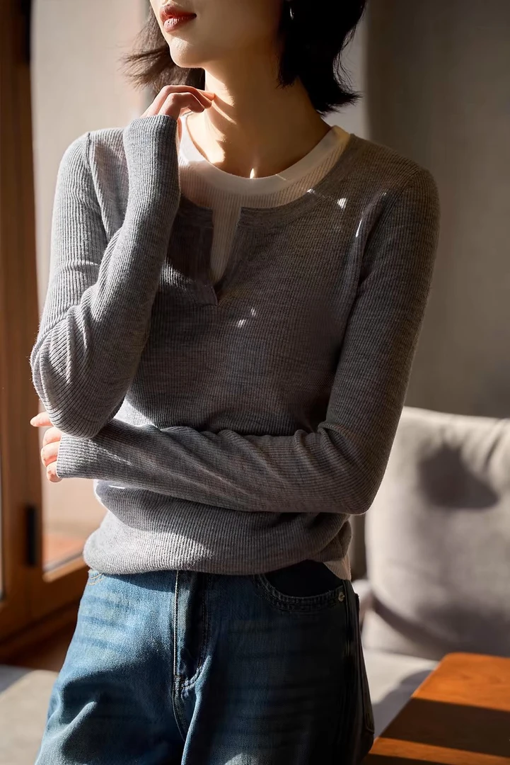 极简风假两件慵懒风春季毛针织衫翻领衫修身短款女装