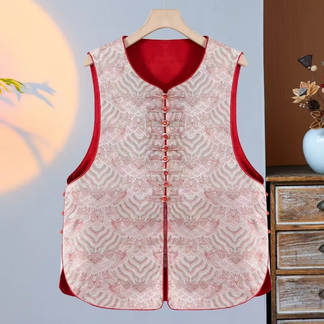 中式春秋新款马夹高档宋锦提花女士马甲国风复古中式盘扣坎肩背心