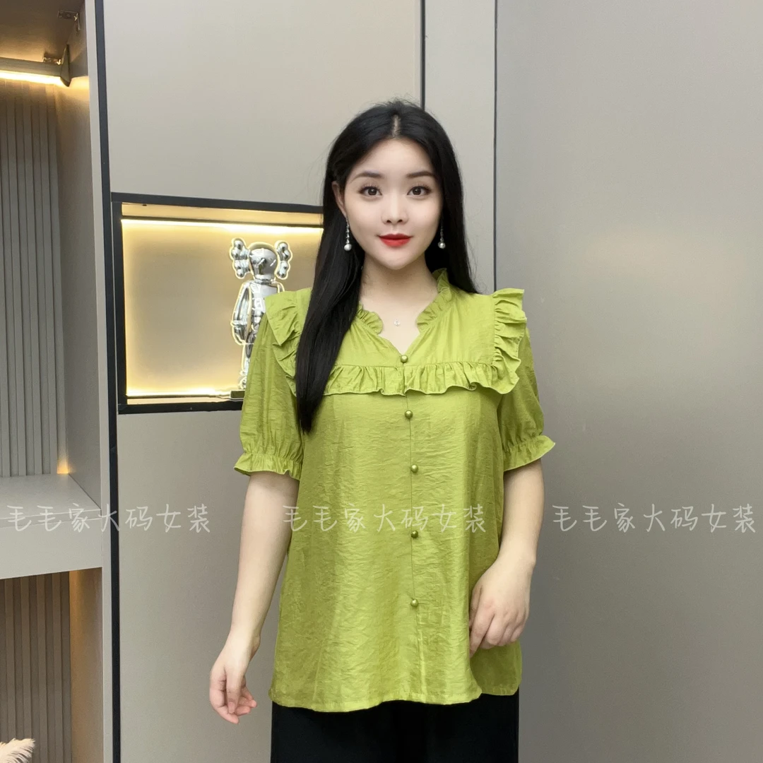 洋气短袖女花边V领新款夏季薄款上衣宽松遮肚子t恤薄款衫衬衣02