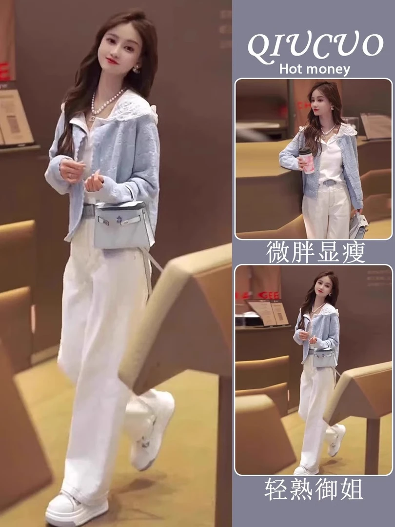 2025开春穿搭一整套韩系减龄镂空针织衫连帽蕾丝上衣阔腿裤三件套