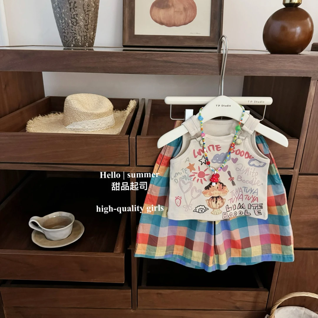 【甜品起司】彩色冰沙！韩国女宝宝卡通度假背心彩虹格子直筒裤套装