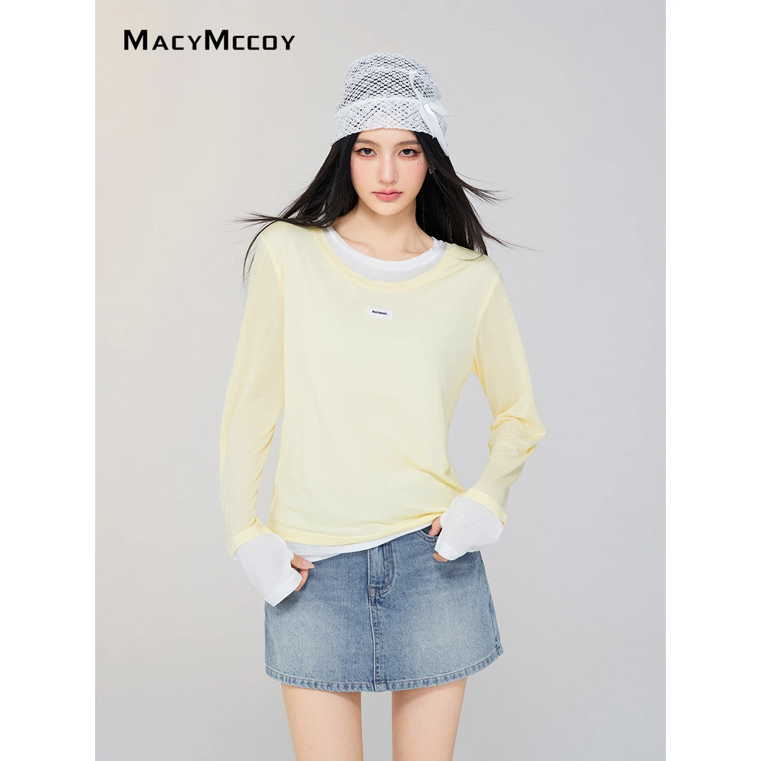 MacyMccoy假两件天丝防晒T恤女夏季100%莱赛尔凉感亲肤透气上衣