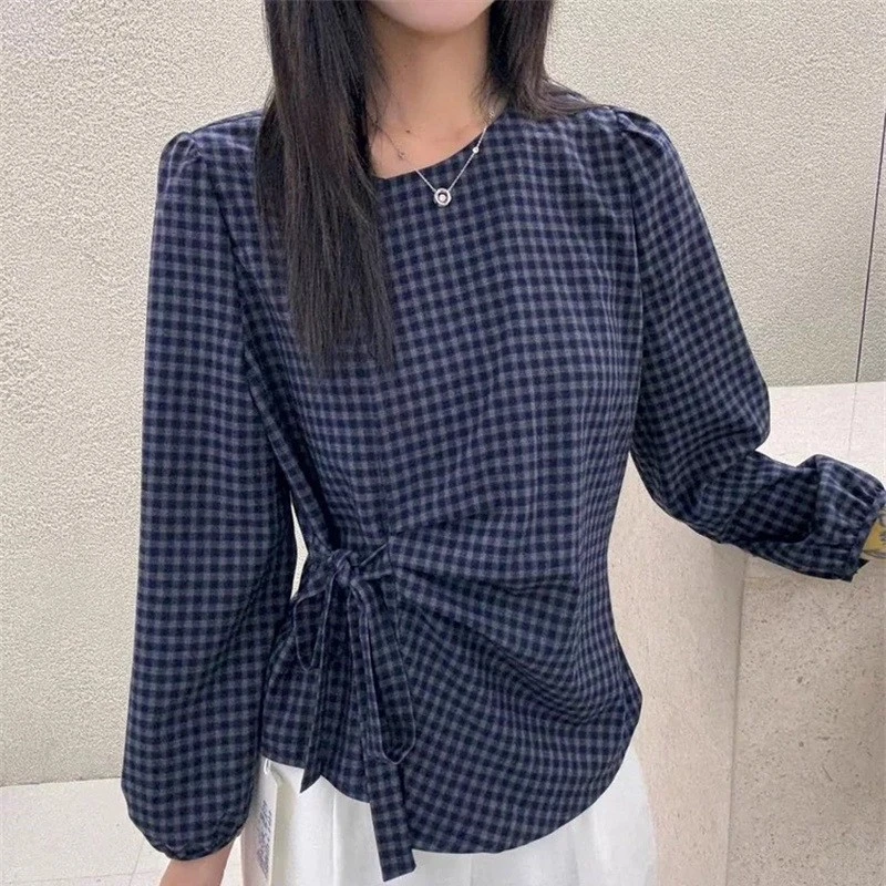 韩版格子系带长袖衬衫女2025早秋新款宽松显瘦百搭洋气减龄上衣潮