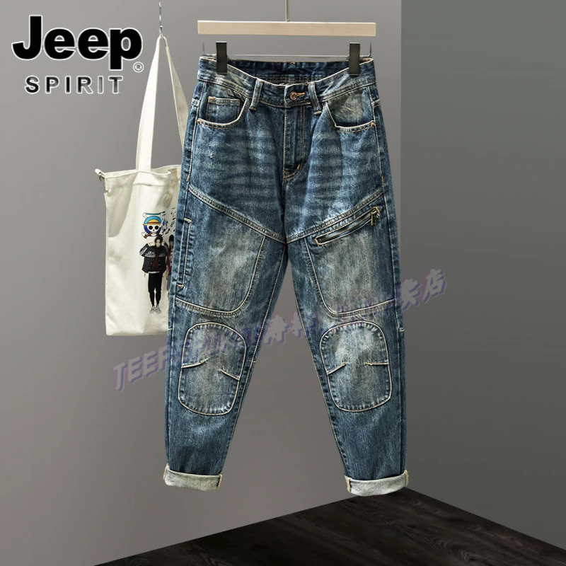 Jeep吉普美式复古宽松哈伦牛仔裤男贴布拼接拉链裤子潮牌工装裤子