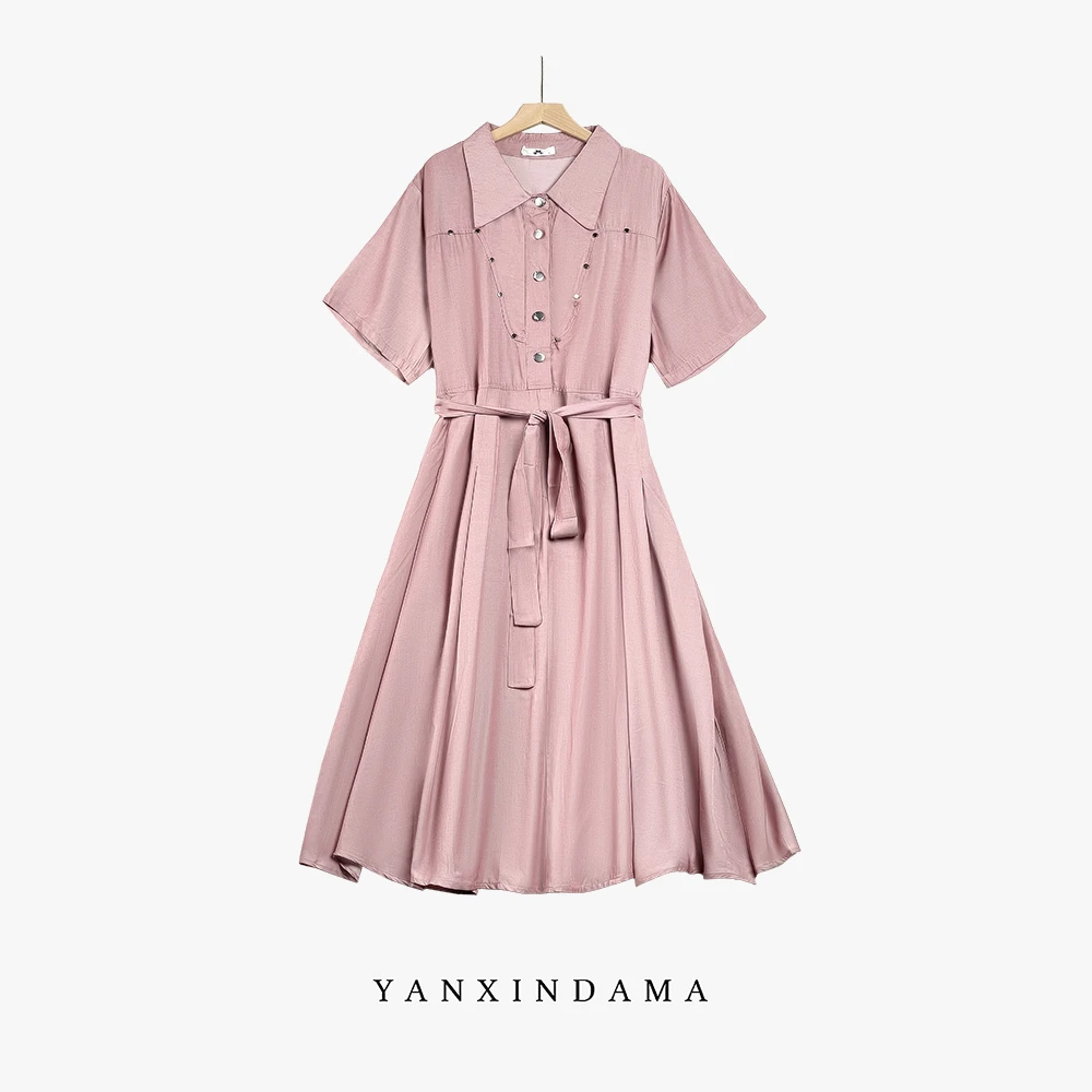 【岩心】大码女装300斤胖MM气质显瘦粉色高级感轻熟短袖连衣裙66320