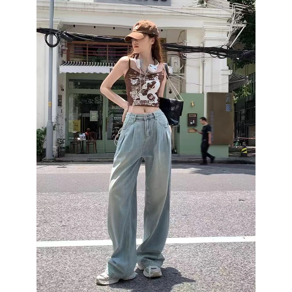 韩版怀旧蓝褶皱设计感阔腿裤高腰宽松显瘦直筒裤A082