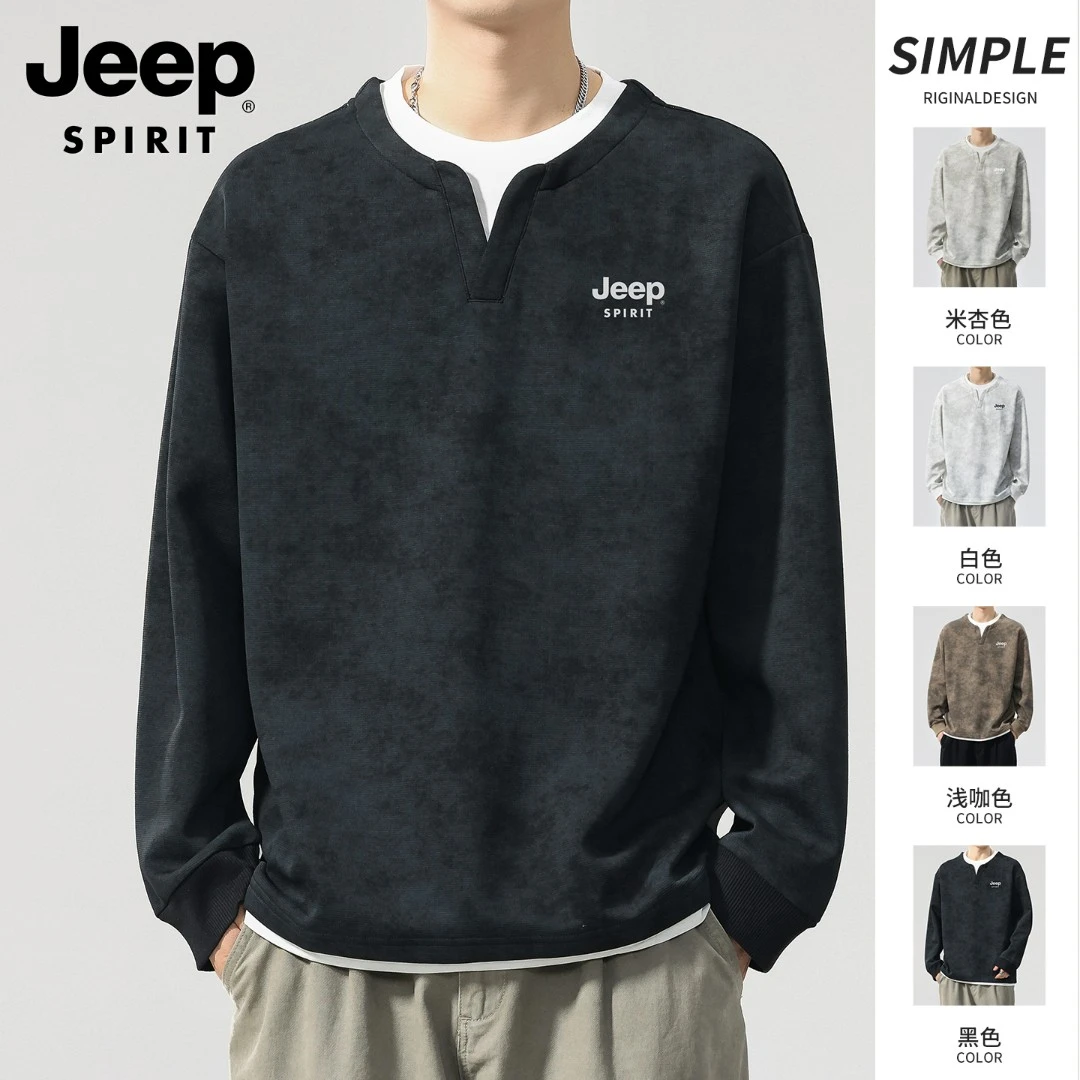 吉普圆领卫衣男士2025秋季新款假两件宽松休闲潮流长袖重磅上衣服