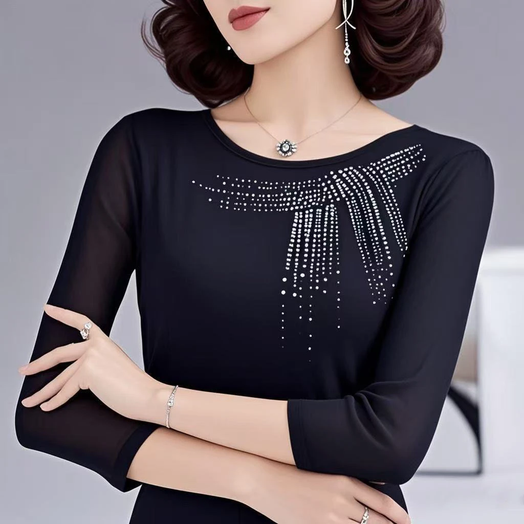 新款拉丁舞上衣七分袖网纱跳国标摩登交谊舞蹈服烫钻精梳棉跳舞服