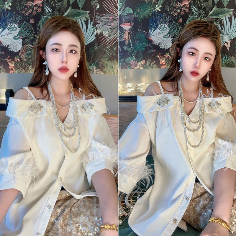 【浅语诗韵】62565水钻花朵露肩羽毛装饰衬衫