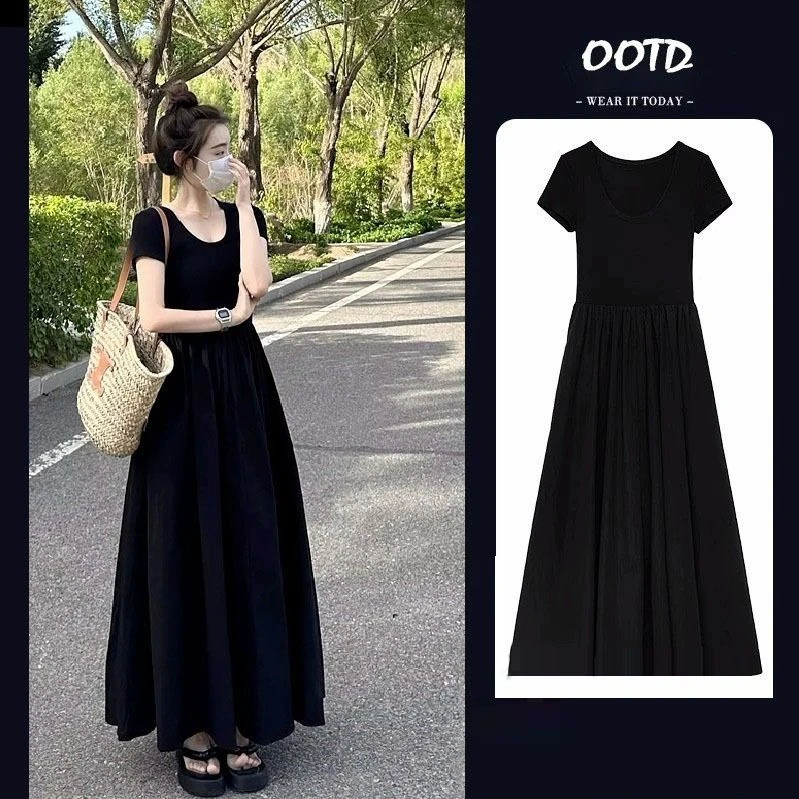 新款春夏赫本风黑色短袖连衣裙收腰显瘦温柔气质法式字裙