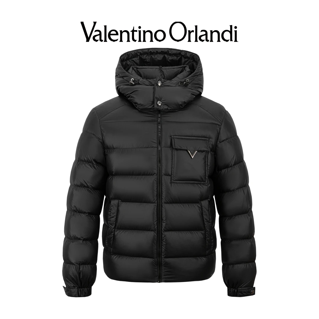 Valentino orlandi男士冬季时尚亮面胸口真口袋羽绒服夹克外套