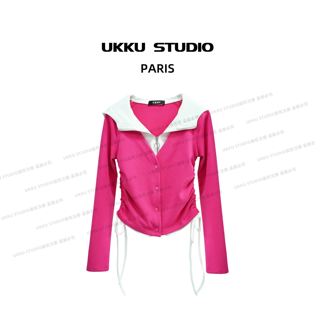 康妮【UKKUSTUDIO】新款时尚网红拼接假两件显白连帽百搭卫衣513547